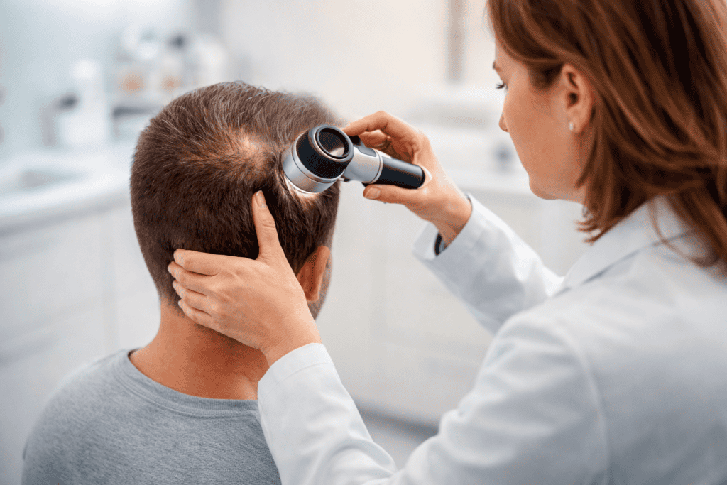 Dermatolog examineaza scalp dermoscop — consultatie afectiuni scalp HairCenter