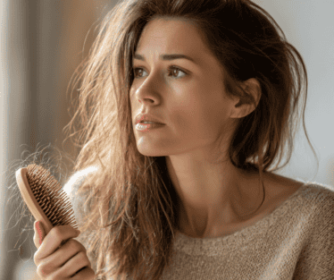 Femeie examineaza cadere par pe perie — cand mergi la specialist HairCenter Craiova