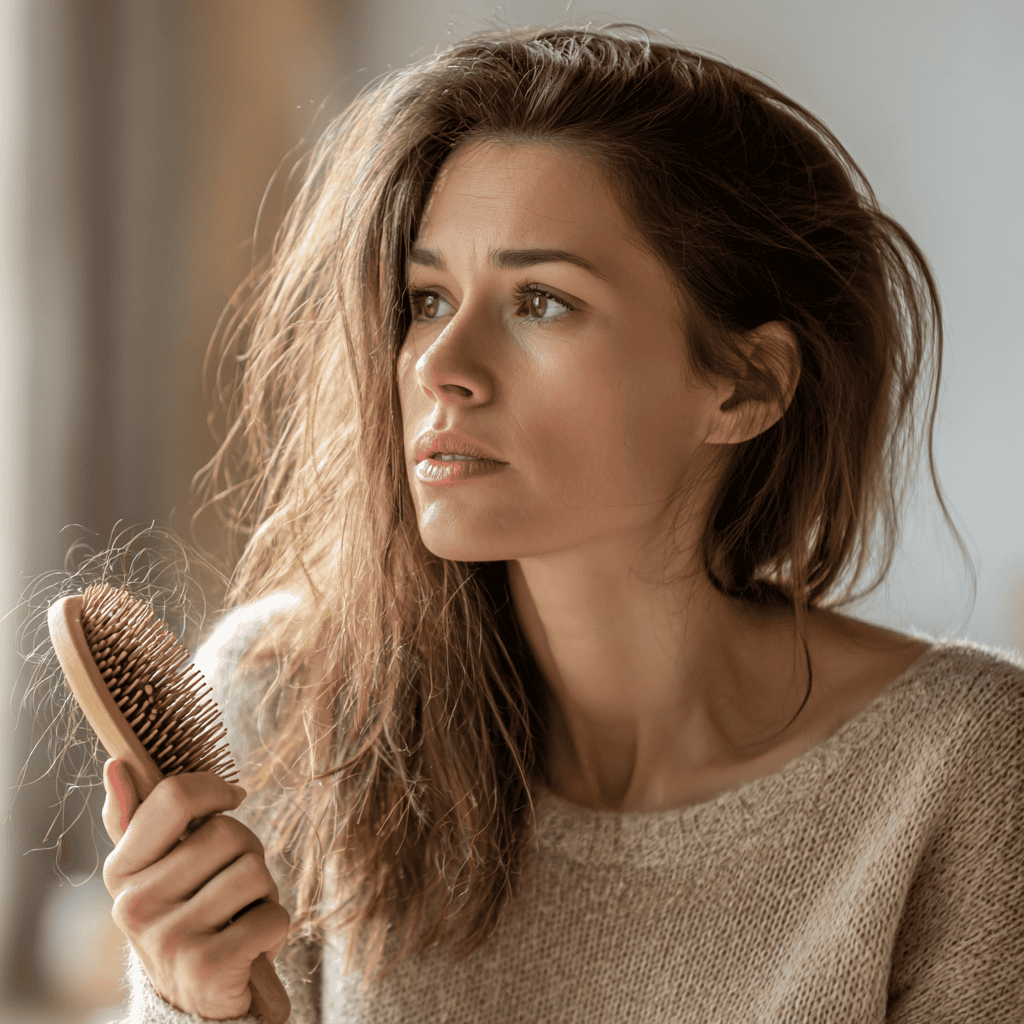 Femeie examineaza cadere par pe perie — cand mergi la specialist HairCenter Craiova